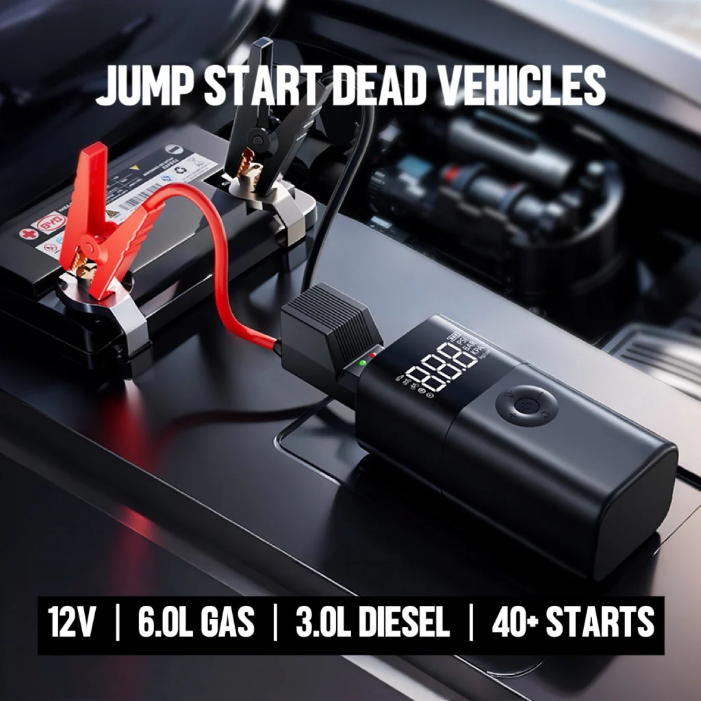 [GOLD] 12V Portable Jump Starter with Built-In Air Compressor and Smart Safety Protection - Image 2