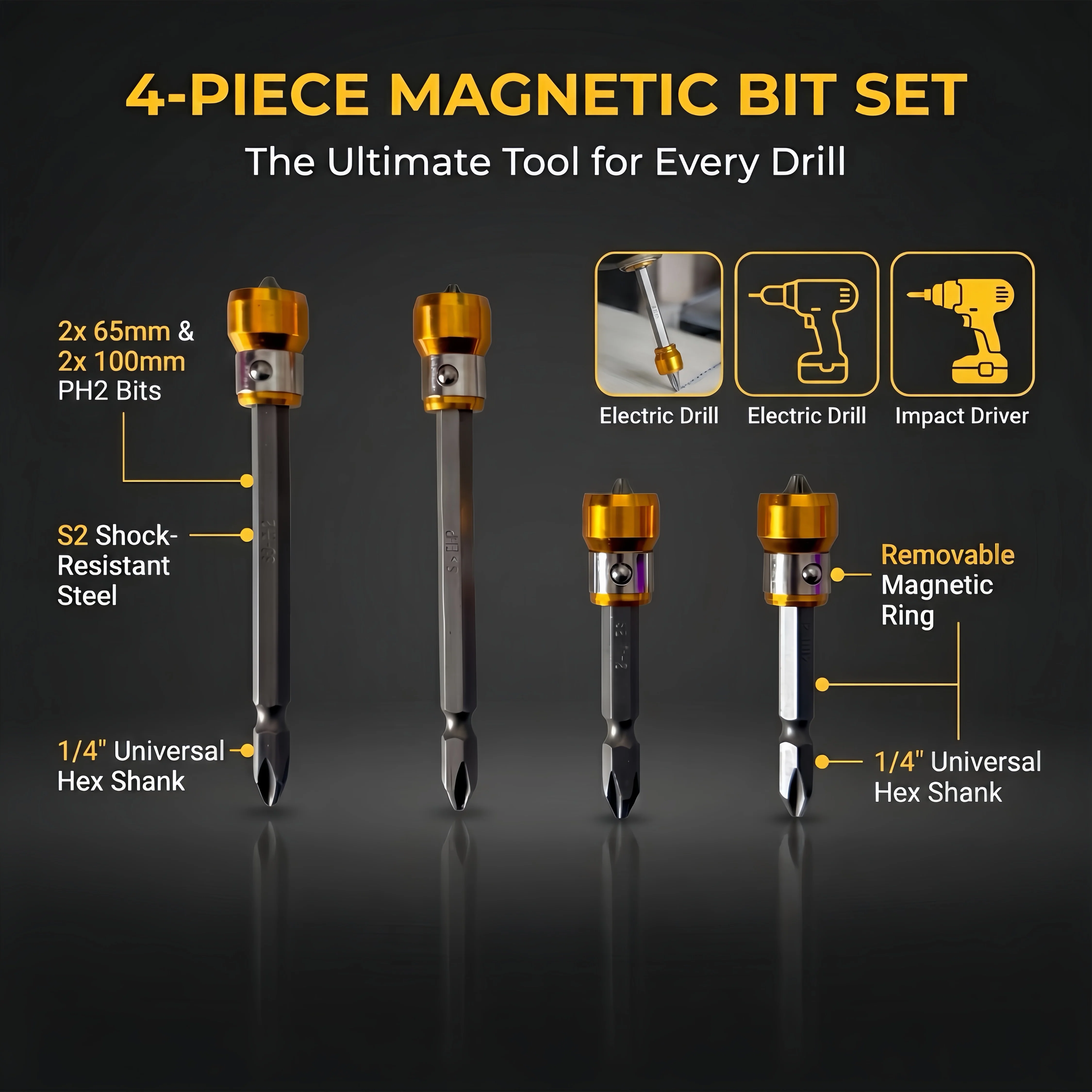[GOLD] 4-Piece PH2 Magnetic Screw-Holding Bit Set - Image 2