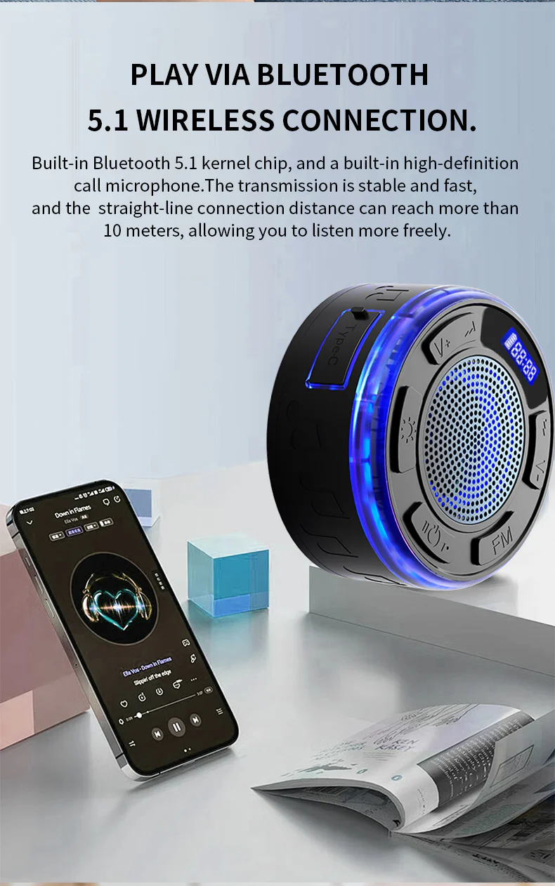 [GOLD] Aquro S3 Ultra – IPX7 Waterproof Shower Speaker with RGB Light & LED Display - Image 9