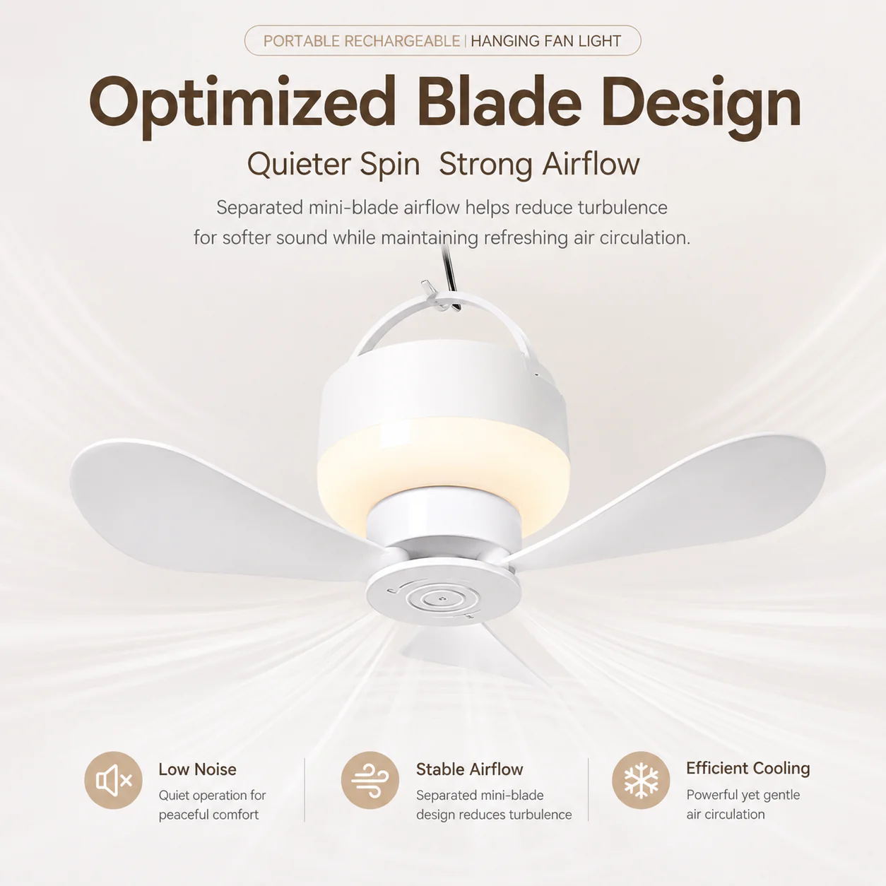 [GOLD] Portable Rechargeable Hanging Fan Light for Indoor & Outdoor Use - Image 2