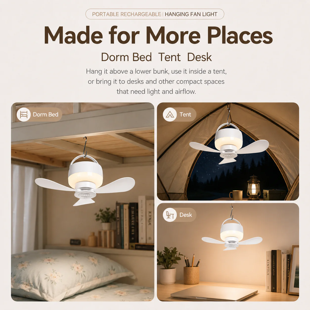 [GOLD] Portable Rechargeable Hanging Fan Light for Indoor & Outdoor Use - Image 3