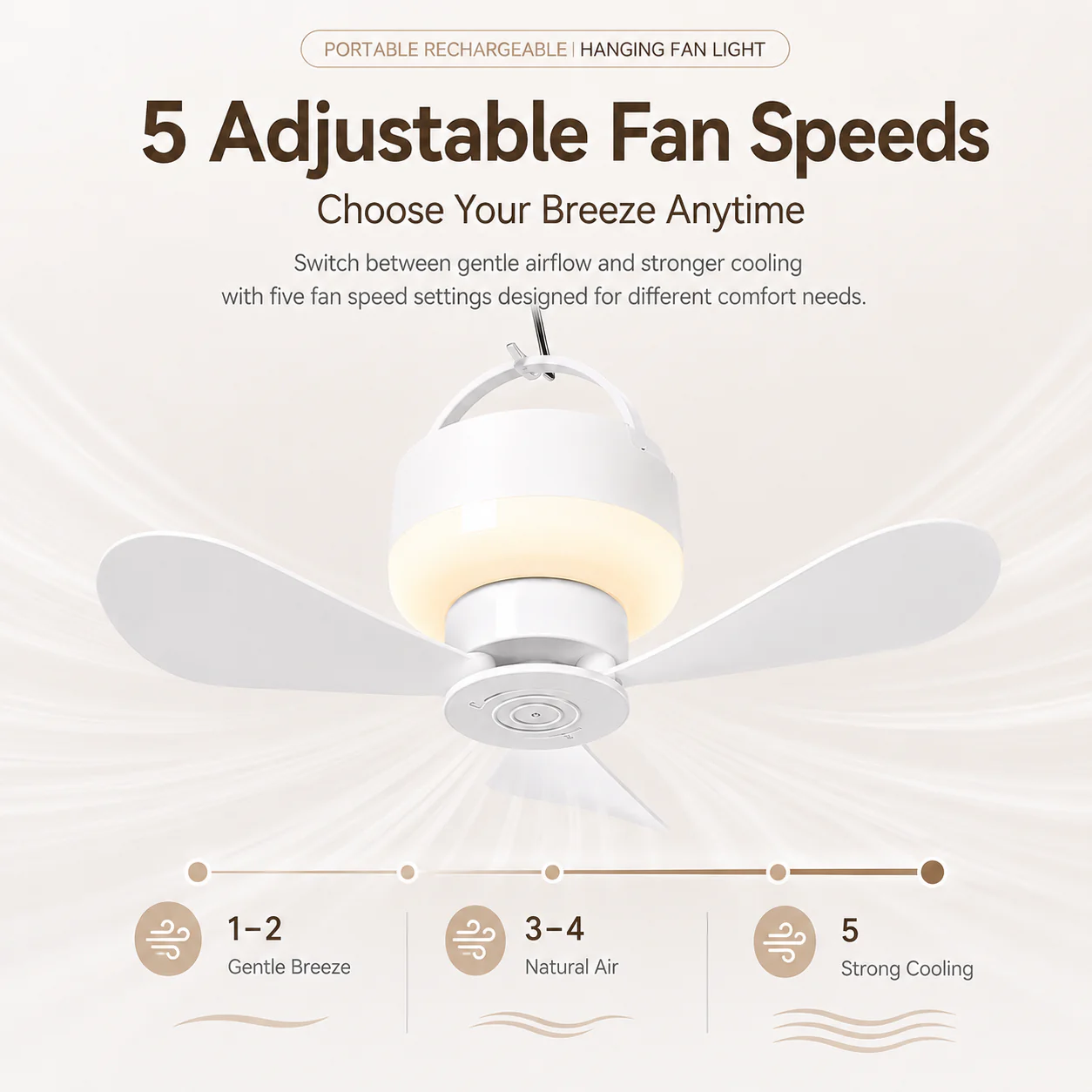 [GOLD] Portable Rechargeable Hanging Fan Light for Indoor & Outdoor Use - Image 4