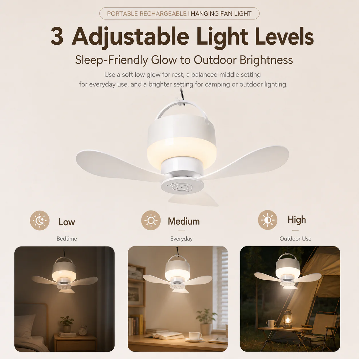 [GOLD] Portable Rechargeable Hanging Fan Light for Indoor & Outdoor Use - Image 5