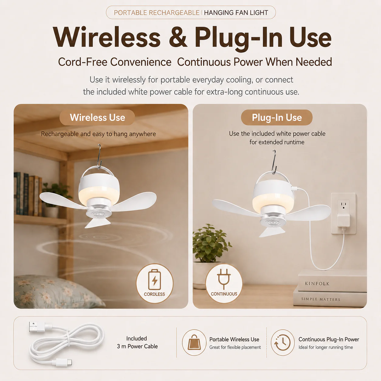 [GOLD] Portable Rechargeable Hanging Fan Light for Indoor & Outdoor Use - Image 6