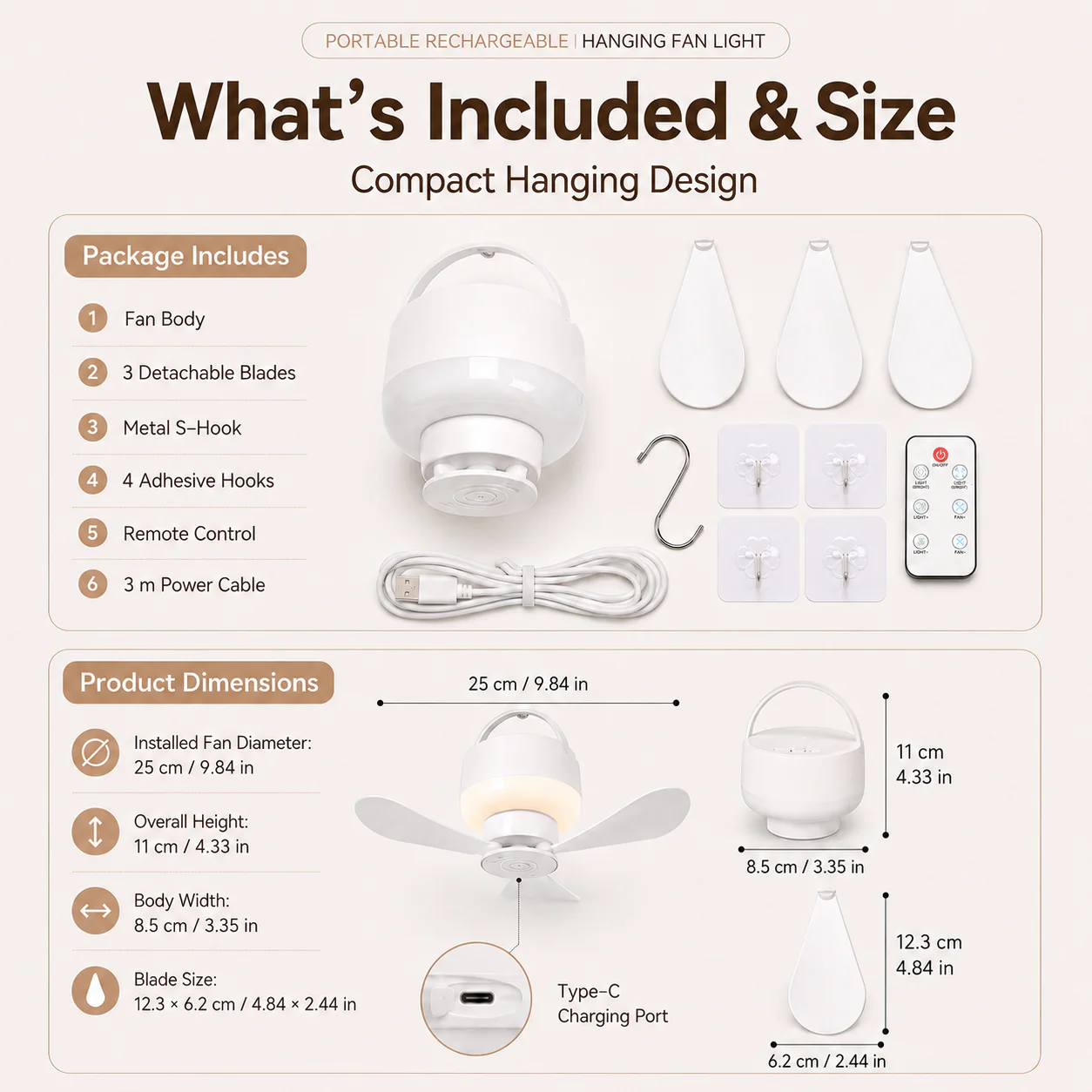 [GOLD] Portable Rechargeable Hanging Fan Light for Indoor & Outdoor Use - Image 9