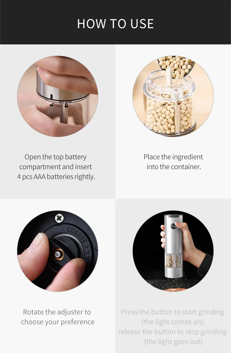 [GOLD] SeasonMate – Stainless Steel Electric Salt & Pepper Grinder Set (2 Grinders + Base) - Image 10