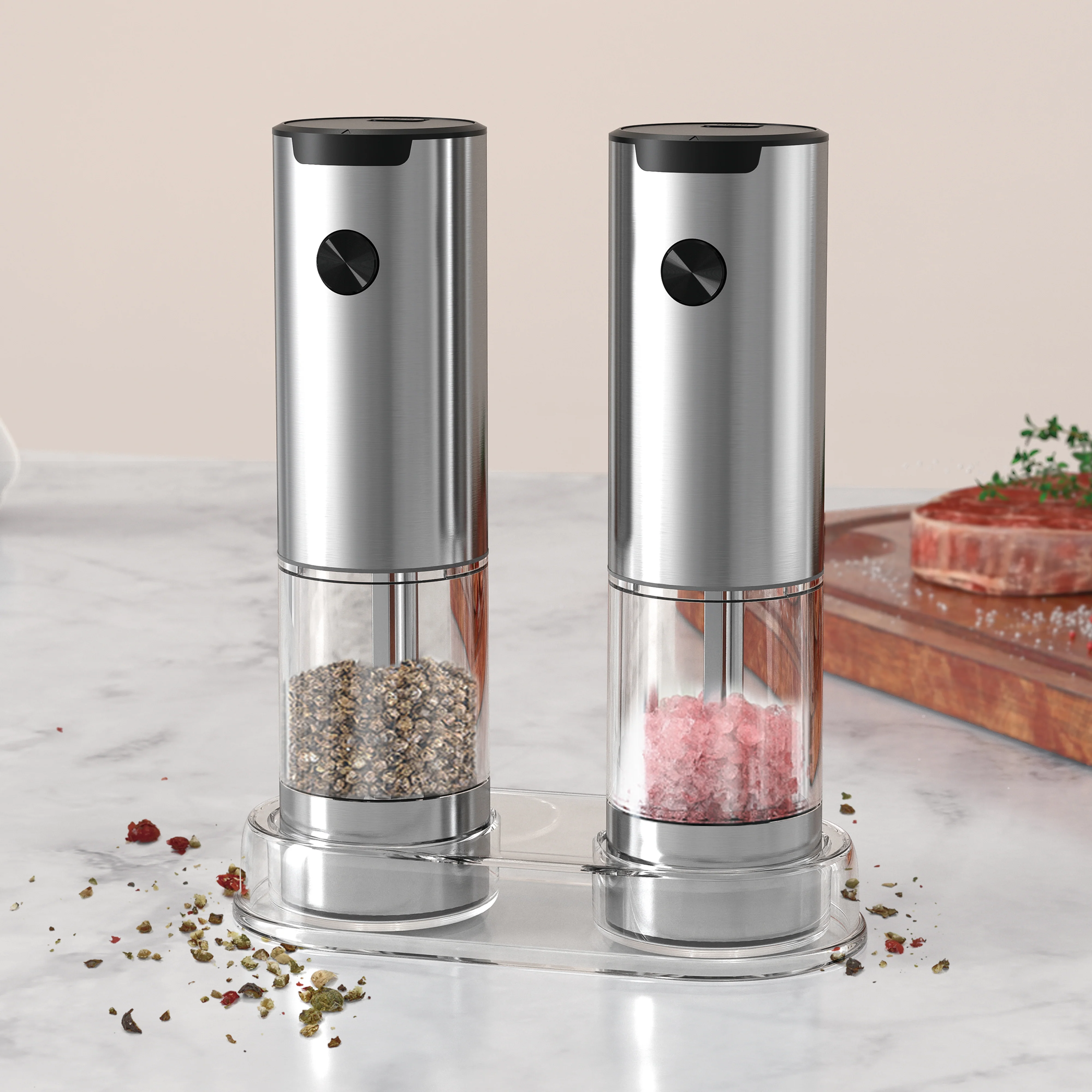 [GOLD] SeasonMate – Stainless Steel Electric Salt & Pepper Grinder Set (2 Grinders + Base) - Image 2