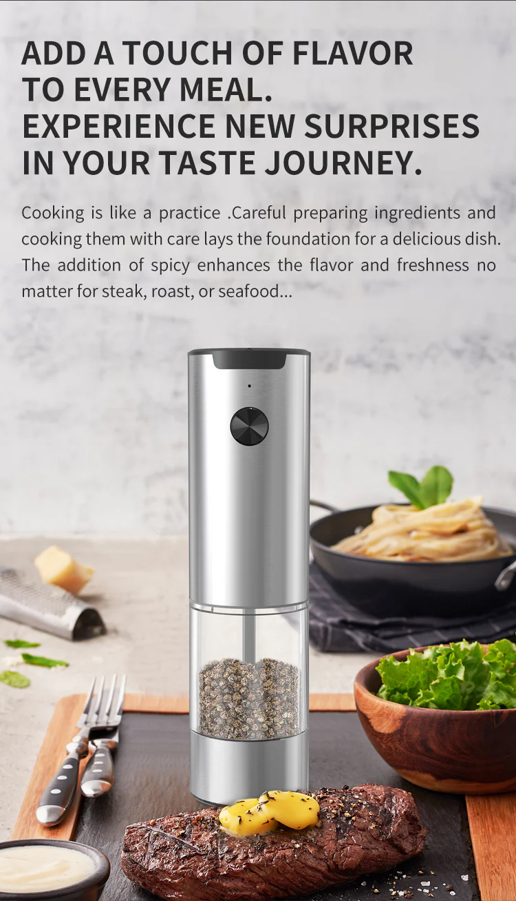 [GOLD] SeasonMate – Stainless Steel Electric Salt & Pepper Grinder Set (2 Grinders + Base) - Image 3