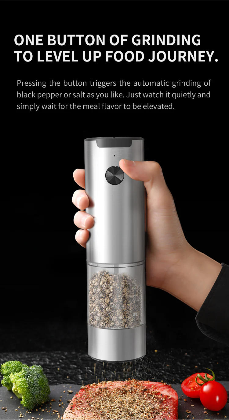 [GOLD] SeasonMate – Stainless Steel Electric Salt & Pepper Grinder Set (2 Grinders + Base) - Image 4