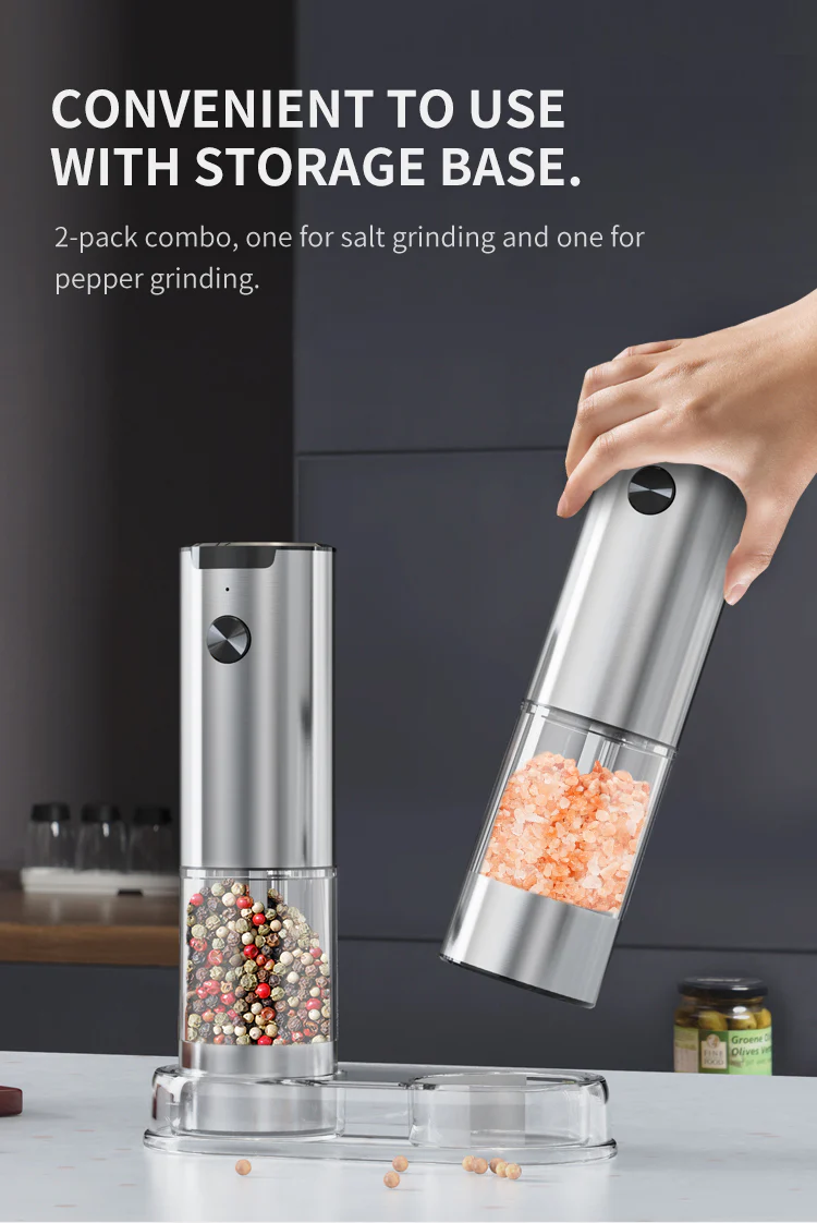 [GOLD] SeasonMate – Stainless Steel Electric Salt & Pepper Grinder Set (2 Grinders + Base) - Image 6