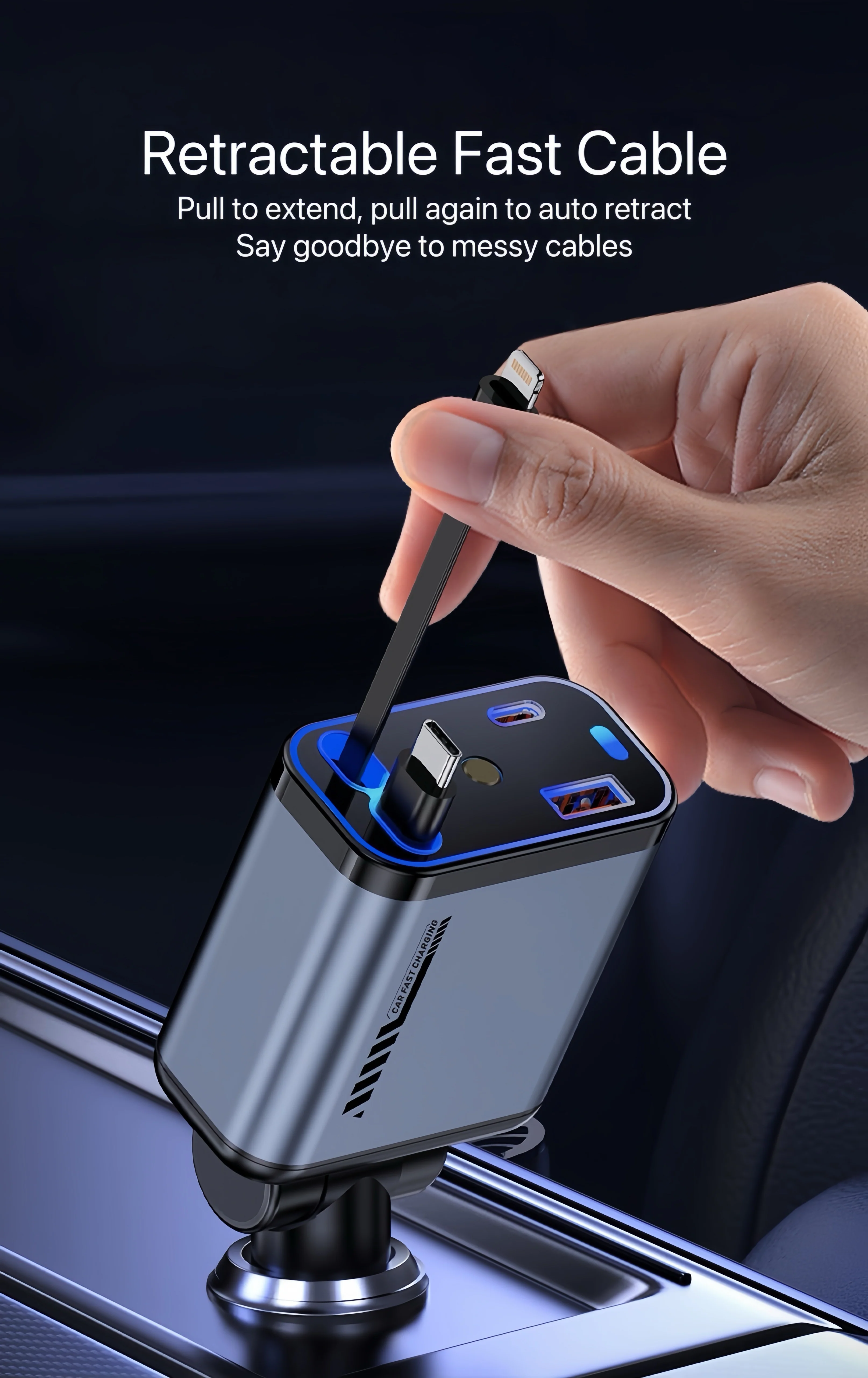 [GOLD] StarCharge 4-in-1 66W Retractable Car Charger with Starry Roof Light - Image 2