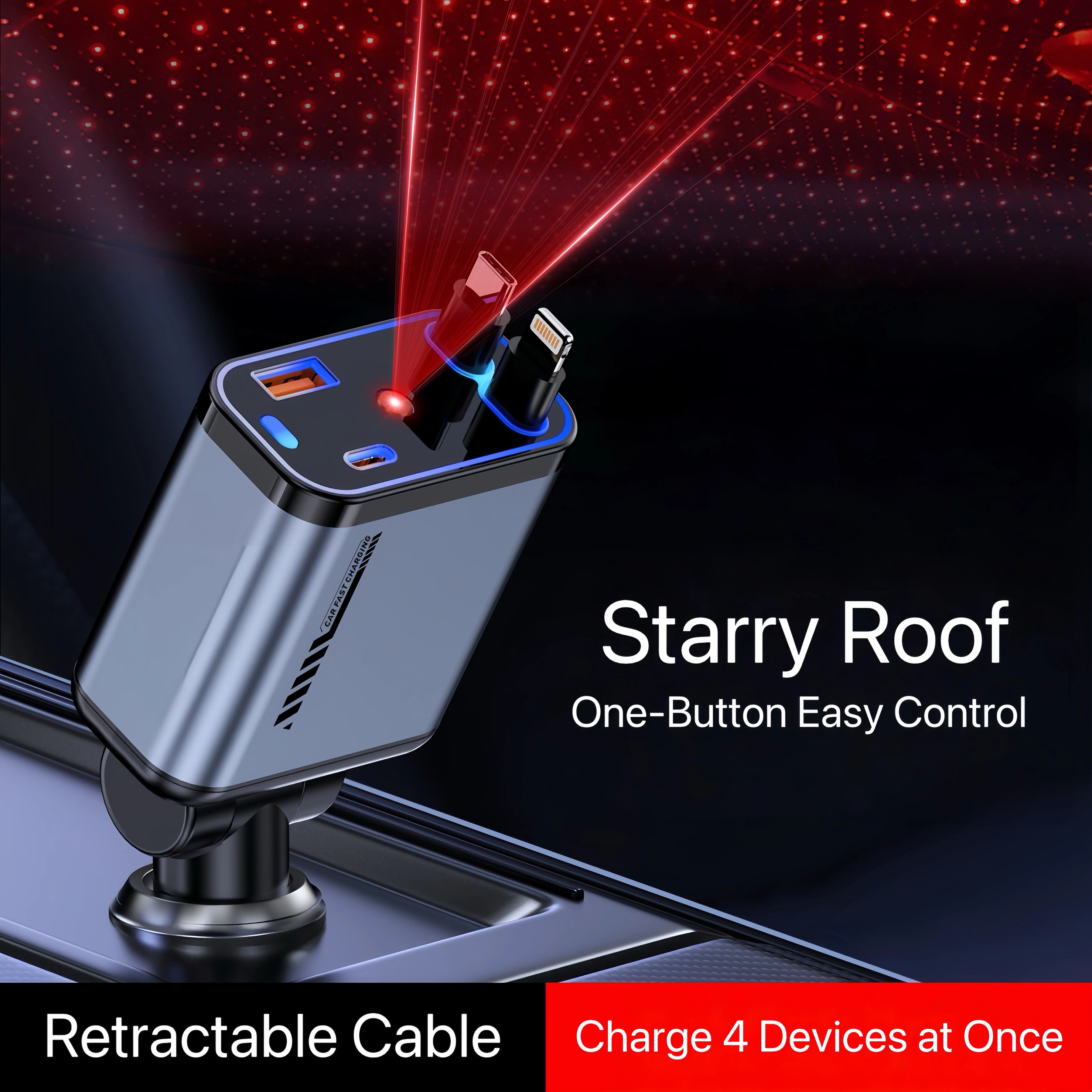 [GOLD] StarCharge 4-in-1 66W Retractable Car Charger with Starry Roof Light - Image 4