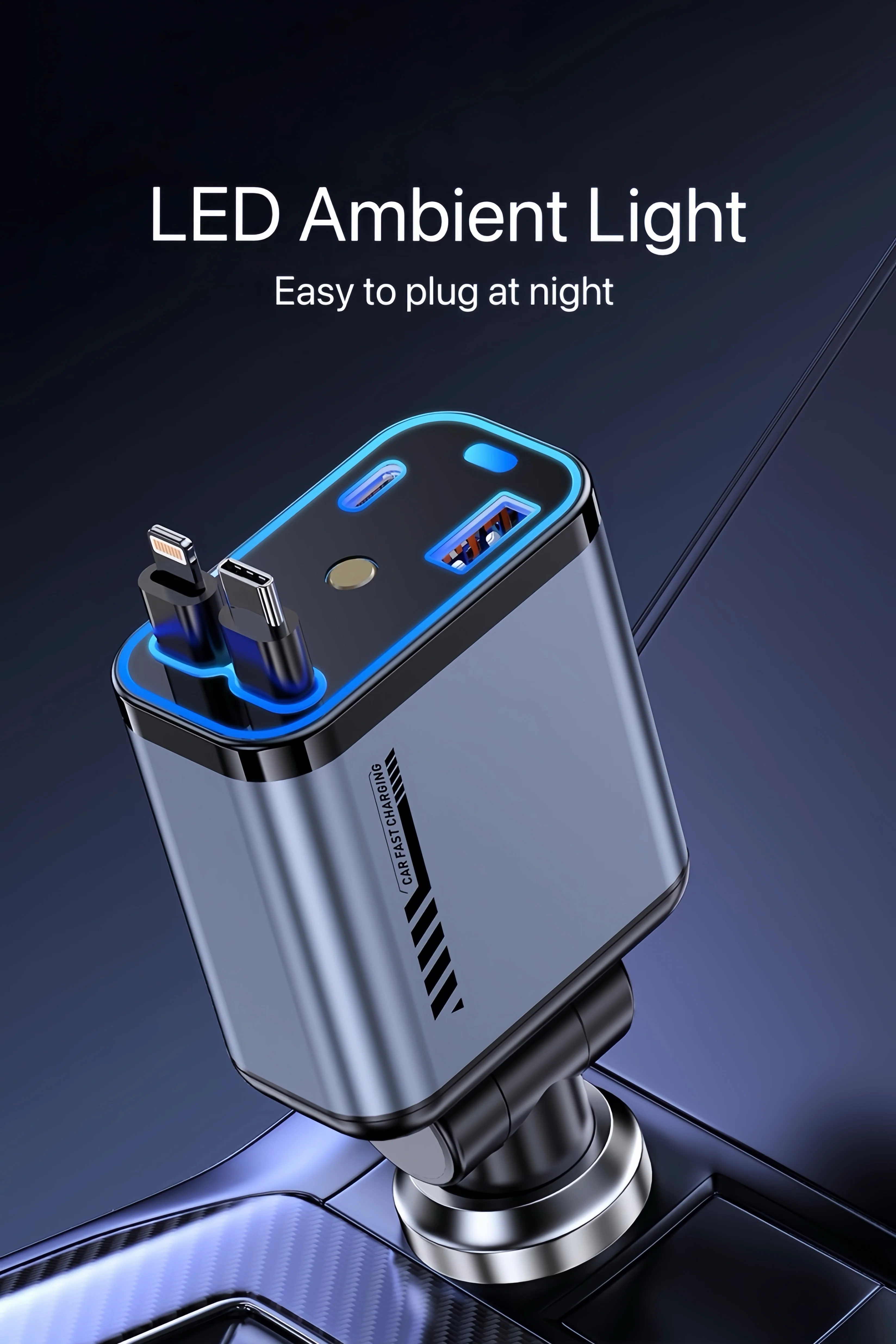 [GOLD] StarCharge 4-in-1 66W Retractable Car Charger with Starry Roof Light - Image 8